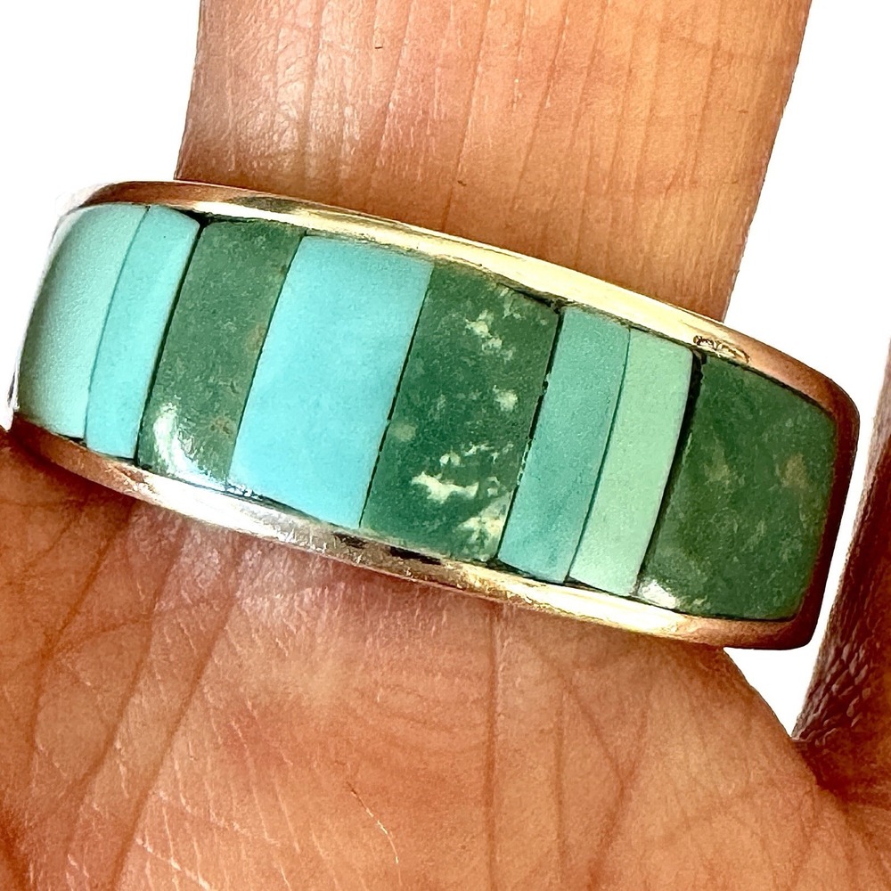 Navajo Mens Wedding Band Turquoise Inlay Sz‎ 11 Ring 8mm Signed Tsosie Native Am